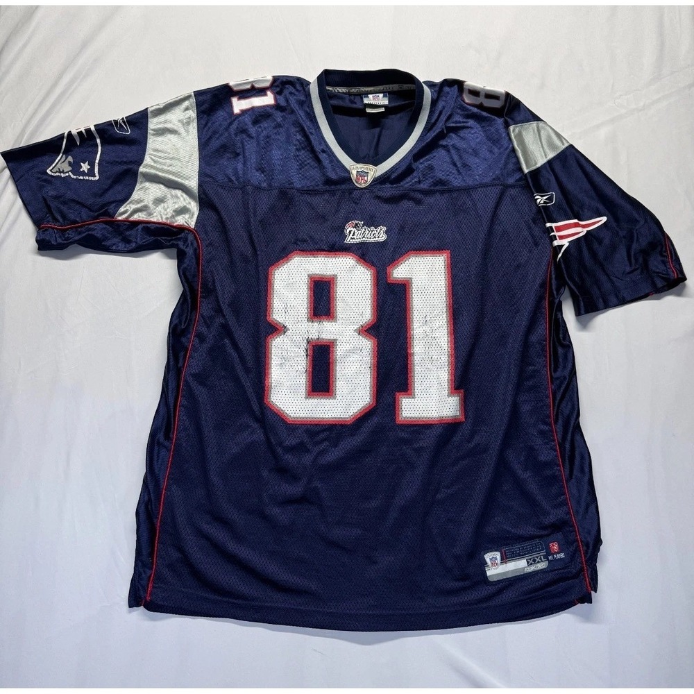 New England Patriots Jersey Men 2XL Navy Blue Reebok #81 Randy Moss Football NFL